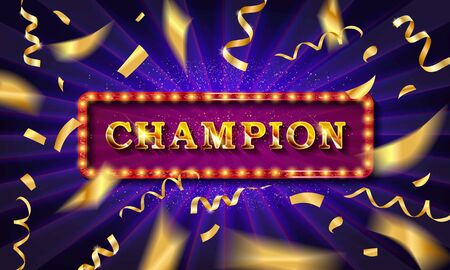Champion banner. Champ congratulations vintage frame, golden congratulating framed sign with gold confetti.のイラスト素材