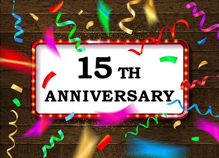 15 Anniversary gold numbers with color golden confetti. Celebration 15th anniversary event party template. On vintage wooden background.のイラスト素材