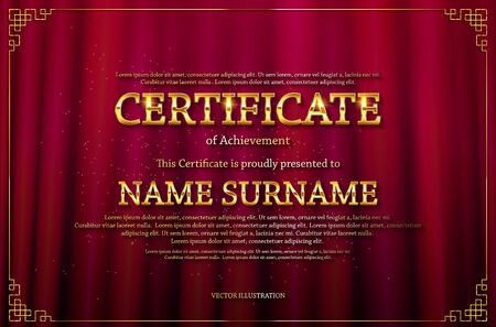 Elegant template of diploma , place for text. Certificate of achievement, education, awards, winner. Vintage style of old cinema. On the  of the curtain. Vector illustration  .のイラスト素材