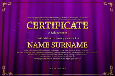 Elegant template of diploma , place for text. Certificate of achievement, education, awards, winner. Vintage style of old cinema. On the  of the curtain. Vector illustration  .のイラスト素材
