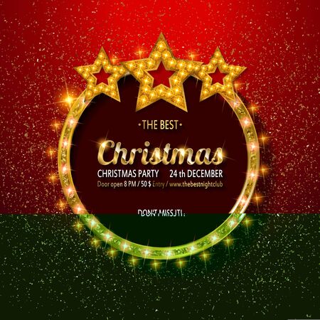 Vector Christmas Party design template. Gold vintage embroidery on bright red background with sequins. Vector illustration EPS10のイラスト素材