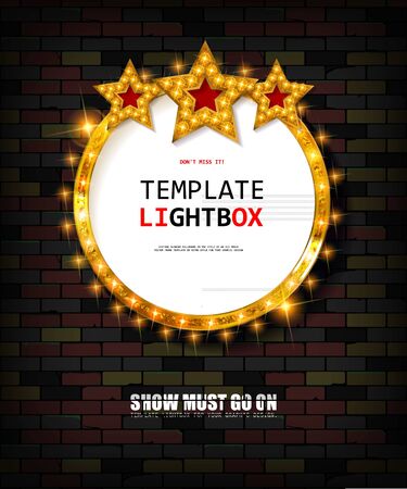 Retro banner with bulbs for your projects. Light banner, vintage billboard or bright signboard. Cinema or theatre lightbox frame for ads. Against a vintage brick wall. Modern vector illustration.のイラスト素材