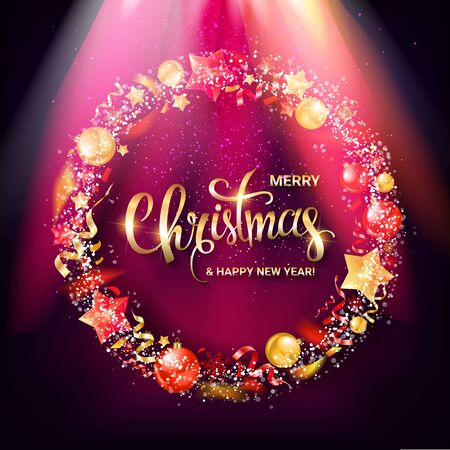 Christmas wreath in the glow gold lettering. Vector illustrationのイラスト素材