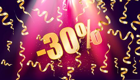 Neon 30 sale off text banner. Night Sign.