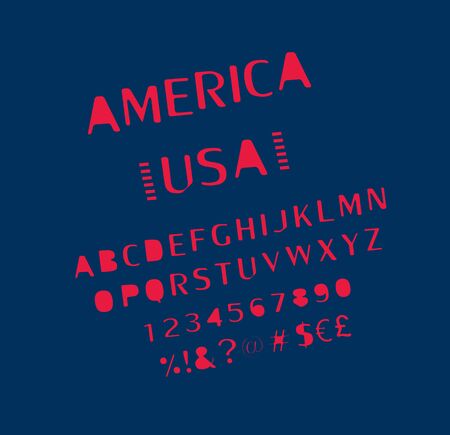 USA Font. Alphabet, numbers and symbols stylized by Unites State of America color. Vector setのイラスト素材