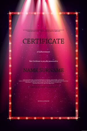 Luxury certificate with spotlights or diploma template against a vintage brick wall. For your design.. Vector illustrationのイラスト素材