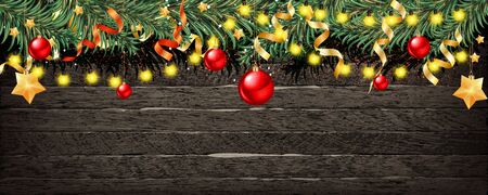 Christmas fir tree with decoration on a wooden board. Vector illustrationのイラスト素材