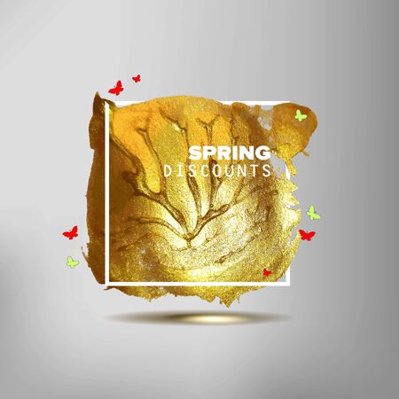 Spring sale off sign over golden art brush stroke paint texture background vector illustration. Beautiful butterflies on the background. Shop Sale Label.のイラスト素材