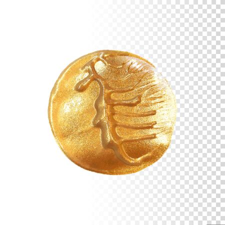 Gold hand drawn paint brush stroke isolated on transparent background. Abstract vector golden acrylic smear spot. High detailed gold glittering textured paint brushstrokeのイラスト素材