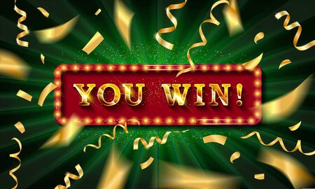 You win banner. You win congratulations frame, golden win congratulating framed sign and winning gold confetti. Surprise winning, achievement or prize gift notification poster vector illustrationのイラスト素材