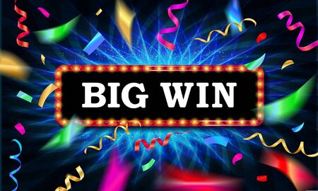 Big win banner. Big win congratulations frame, golden win congratulating framed sign and winning gold confetti. Surprise winning, achievement or prize gift notification poster vector illustrationのイラスト素材