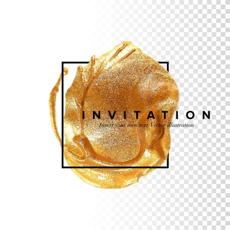 Template for the invitation. Original design. Hand drawn Golden brushstroke acrylic paint spot on white background, hand drawn vector illustrationのイラスト素材