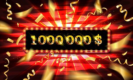 1.000.000 One million dollars. Metallic gold numbers. Vector Illustration. Beautiful inscription surrounded by confetti and ribbons in a frame on a luminous backgroundのイラスト素材