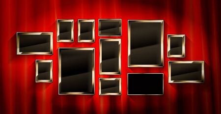 Gold frames with red drapes and dark background. Vector illustrationのイラスト素材