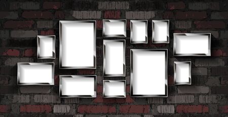 A set of silver photo frames against an old brick wall. Vector illustrationのイラスト素材