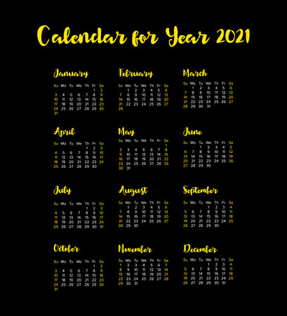 Vector calendar for 2021 year. Day planner the scheduler in this minimalist for print on a black background.のイラスト素材