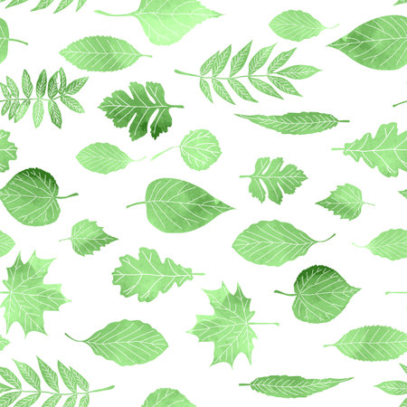 Vector seamless pattern with abstract green leaves with streaks drawing by watercolor, hand drawn natural backgroundのイラスト素材