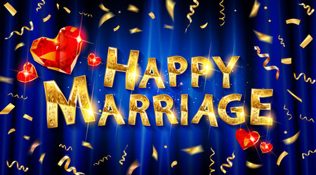 Design of a marriage greeting card template. Editable vector illustration file. A party. Beautiful gold letters, hearts and confetti on the background of a blue curtain. vector illustration.のイラスト素材