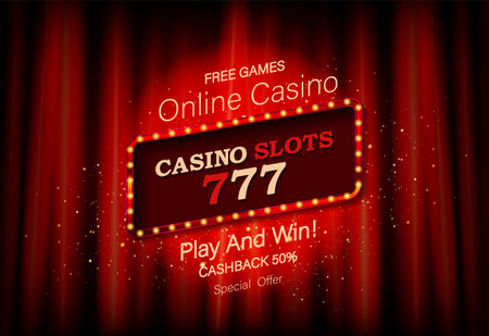 Big win slots 777 casino banner on the background of a red curtain in the spotlight. Illustration in vintage Hollywood style. Vectorのイラスト素材