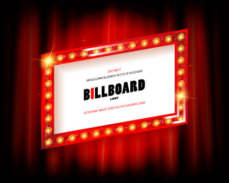 Retro cinema or theater frame illuminated by spotlight. Now showing sign on red curtain backdrop. Vintage Hollywood movie premiere signs vector templateのイラスト素材