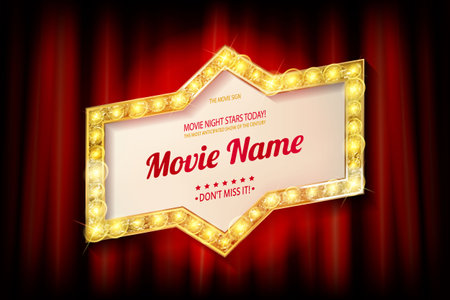 Light Bulb Frame against red theater or cinema curtain. Glowing Signboard with a blank space for Your Text. vector illustrationのイラスト素材