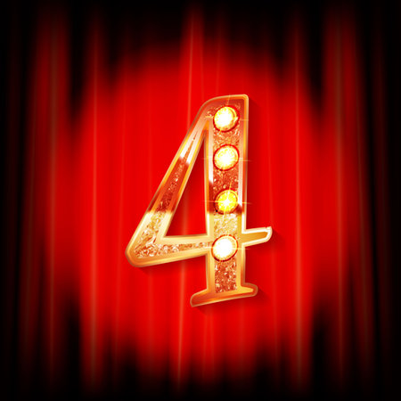 Gold numbers 4 on the background of a red curtain. greeting card template. vector illustrationのイラスト素材