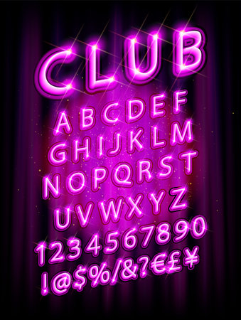 Glowing alphabet font. Glowing letters, numbers and symbols.のイラスト素材