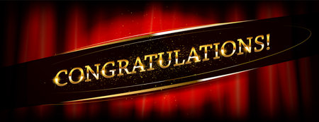 Concertalization banner with golden ribbon on red background. vector illustrationのイラスト素材