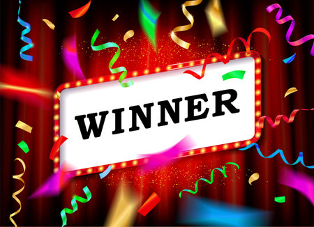 Winner banner with confetti and ribbons on a red background. vector illustrationのイラスト素材