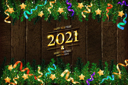 Gold numbers 2021 on a wooden background with Christmas decorations green branches of spruce, red ball. New Year concept, frame, top view. copyspace. Merry Christmas and Happy New Year symbol s. Vectorのイラスト素材
