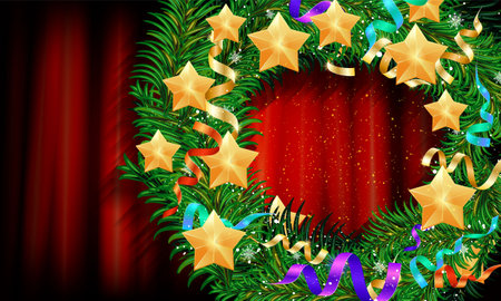 Christmas wreath on the background of a red curtain. vector illustrationのイラスト素材
