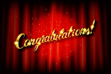 Congratulations. The inscription by hand. Modern brush calligraphy in the background of a red curtain. vector illustrationのイラスト素材