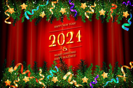 2021 Happy New Year background with Christmas tree branches, confetti and stars. vector illustration.のイラスト素材