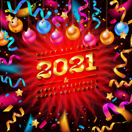 Happy New Year 2021 celebration background with confetti and christmas ballsのイラスト素材