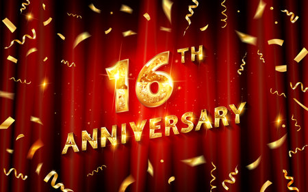 16th Anniversary Logo with Glowing Golden Colors Isolated on Realistic Red Curtain, Vector Design for Greeting Card, Poster and Invitation Cardのイラスト素材