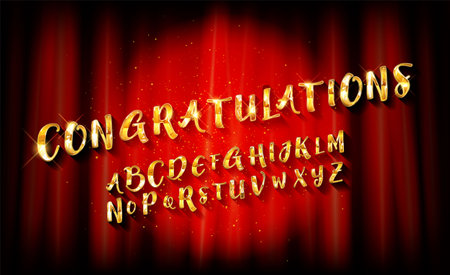 Golden shining alphabet font. Letters and numbers from A to Z and uppercase.のイラスト素材