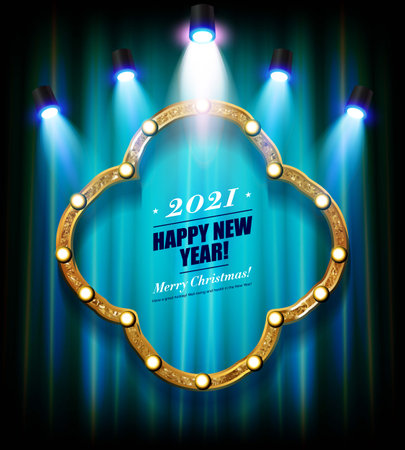 Happy new year to 2021. Christmas background. Retro x spotlights on curtain background. Christmas light sign in lochac Vector illustration.のイラスト素材