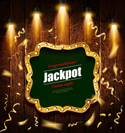 Shining retro sign Jackpot banner on a wooden backgroundVector illustration.のイラスト素材
