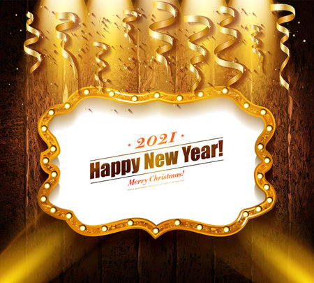 Happy New Year 2021 background with Christmas light and decoration on a wooden background. vector illustrationのイラスト素材