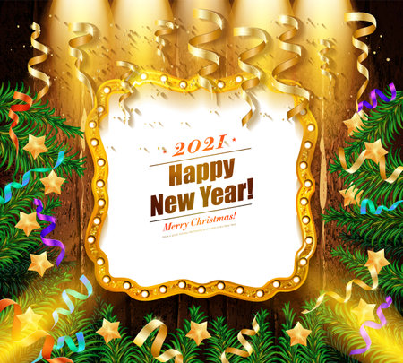Happy New Year 2021 background with Christmas light and decoration on a wooden background. vector illustrationのイラスト素材