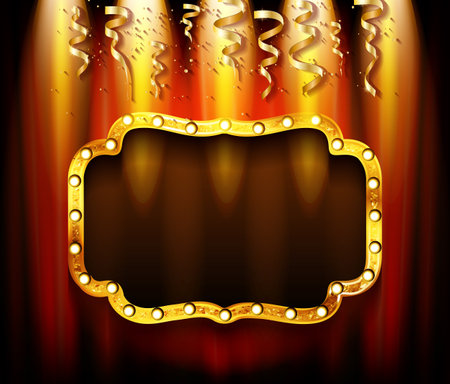 Poster with gold confetti, sparkles, gold frame and space for text on dark background. On the background of a red curtain. vector illustration. Elements for banner, design, logo, card, web, invitation, business, party.のイラスト素材