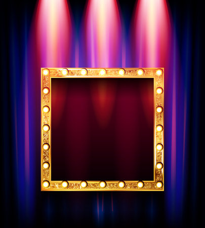 Cinema golden square frame with shining light bulbs on red curtains background. vector illustrationのイラスト素材