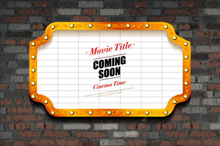 Bright gold marquee with light bulbs on a brick background. Vector retro electric sign with copyspace inside the frame. Retro cinema sample text. Cool for casino, cinema, disco or party advertisement.のイラスト素材