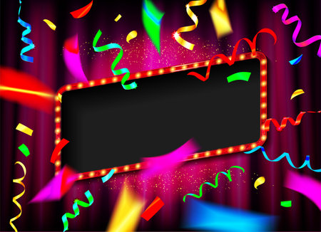 Glowing lights retro frame for advertising design. special light effects. Colorful stage lights background. Vector background show. Studio backdrop with confetti. Illuminated round realistic banner.のイラスト素材