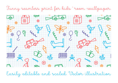 Seamless color vectorial pattern with children's doodle drawings on a white background.のイラスト素材
