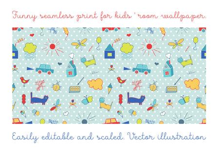 Seamless color vectorial pattern with children's doodle drawings on a white background.のイラスト素材