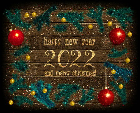 Christmas banner on vintage wooden background. Christmas greeting card with fir branches and beautiful decorations. vector illustration.のイラスト素材
