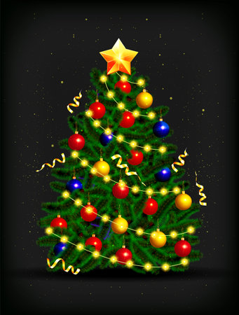 Beautiful Christmas tree with a gold star and lights on a dark background. vector illustrationのイラスト素材