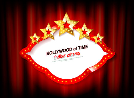Indian bollywood cinema vector sign board. Illuminated banner bollywood movie film illustrationのイラスト素材