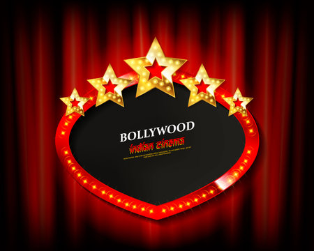 Indian bollywood cinema vector sign board. Illuminated banner bollywood movie film illustrationのイラスト素材